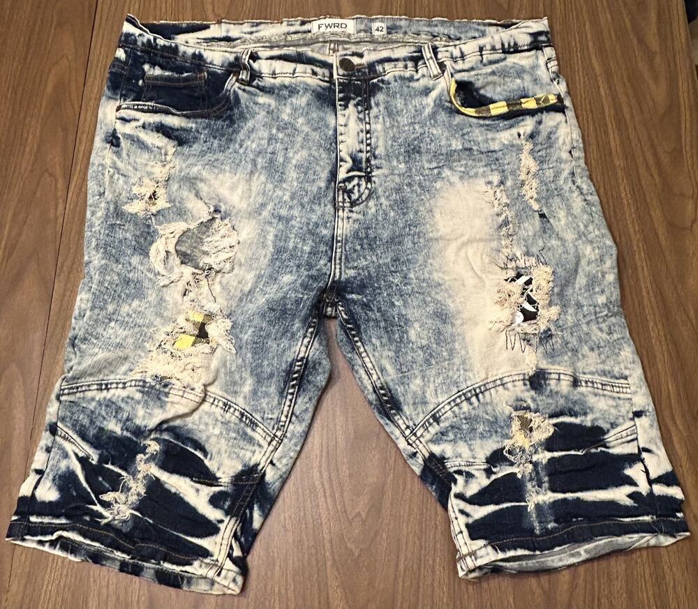 FWRD Denim Broken Down Biker Shorts, Acid Wash & Patches - Size 42